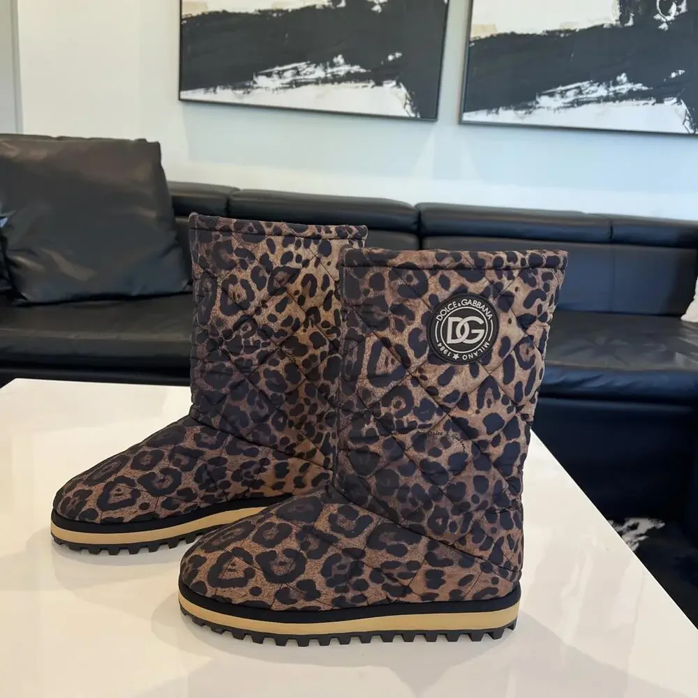 $995 DOLCE & GABBANA City Quilted Leopard-Print Boots Size 44